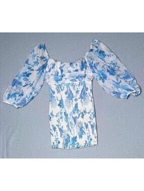 Hello Molly Body Con Mini Dress Womens Size M/6 White And Blue Flowers Ruched...